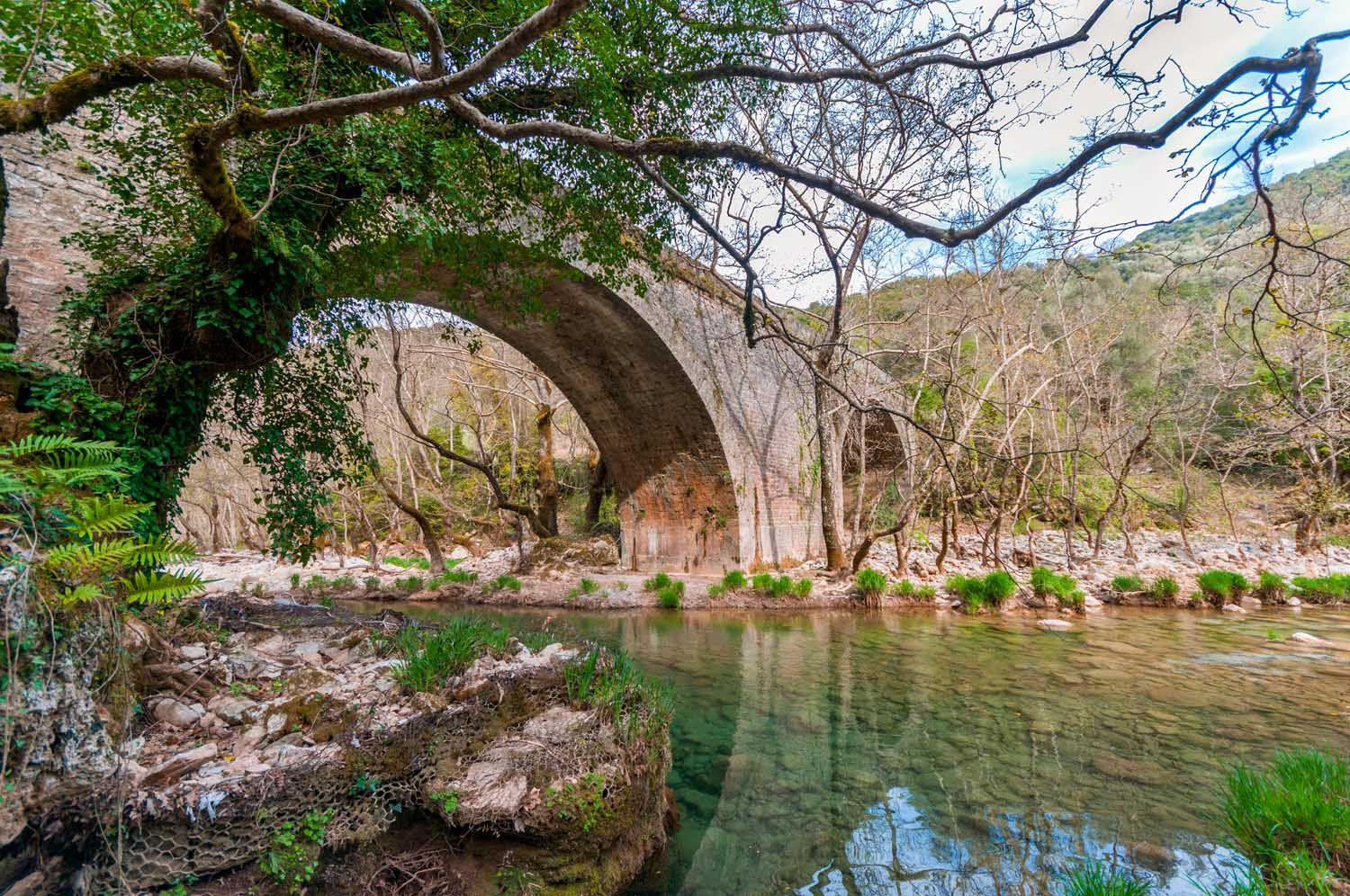 Το  δίτοξο γεφύρι από πωρόλιθο, που    ενώνει τις δυο όχθες του ποταμού.